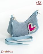 Drobboz Denim Heart Crystal Embellished Baguette – Y2K Blue Denim Hand Bag - Image 4