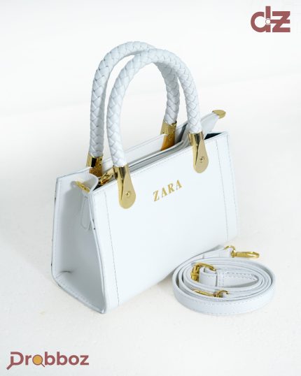 ZARA Elegant Braided Handle Satchel – White Gold-Tone Structured Handbag